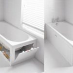 Banheira Stowaway com espaço extra para armazenar produtos de higiene pessoal